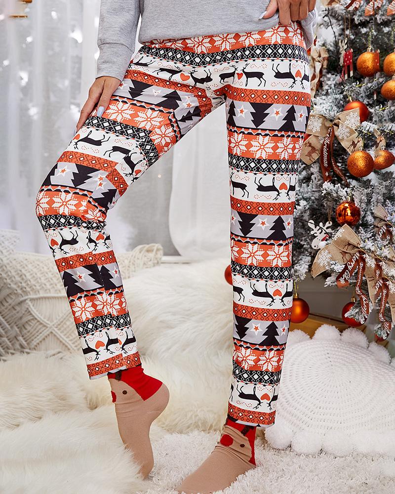 

Christmas High Waist Snowflake Deer Print Lounge Pants, Red