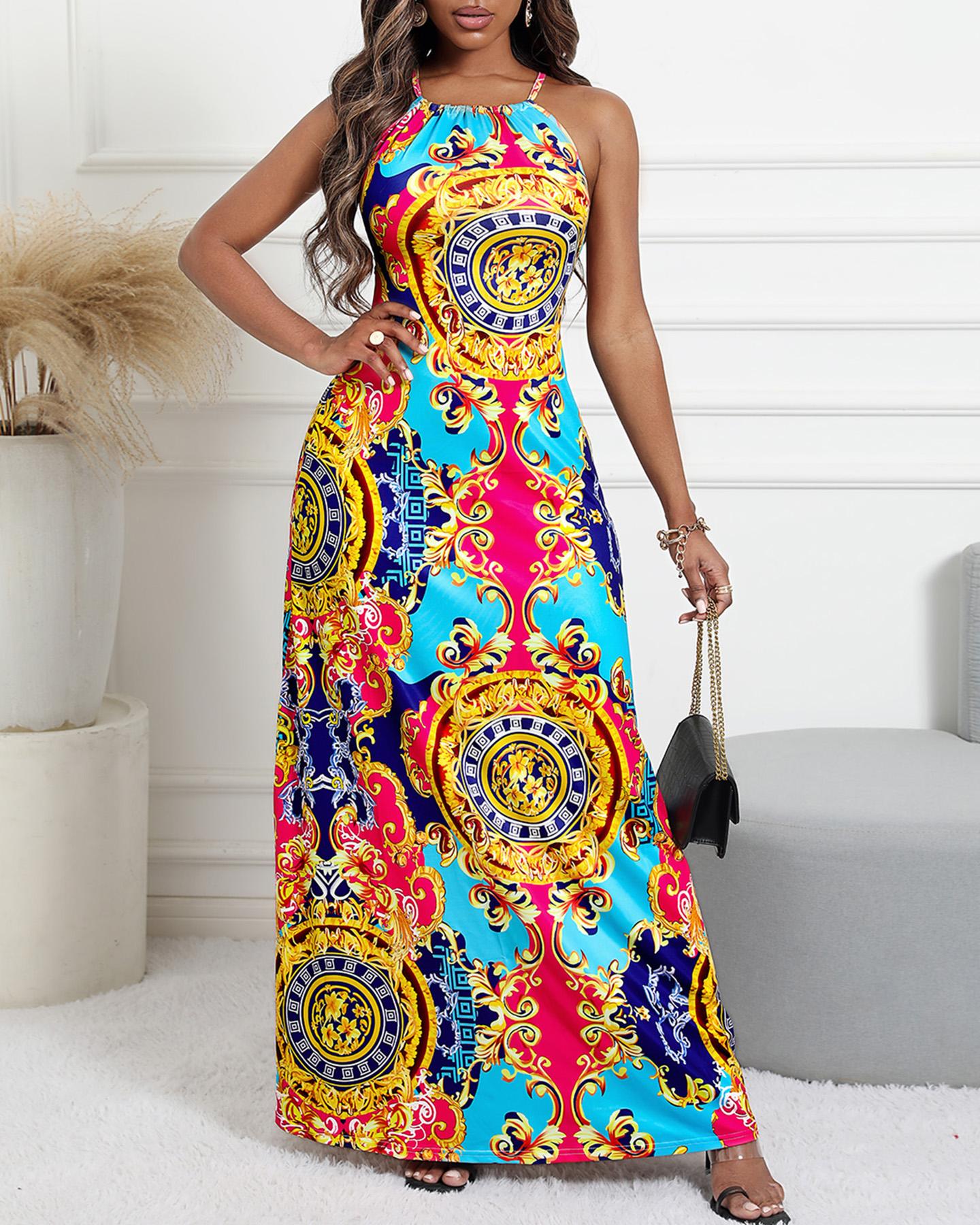 

All Over Print Halter Sleeveless Maxi Dress, Yellow