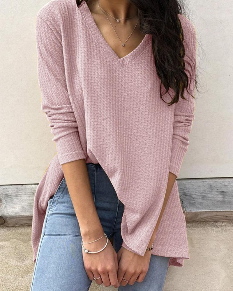

V Neck Long Sleeve Casual Top, Pink
