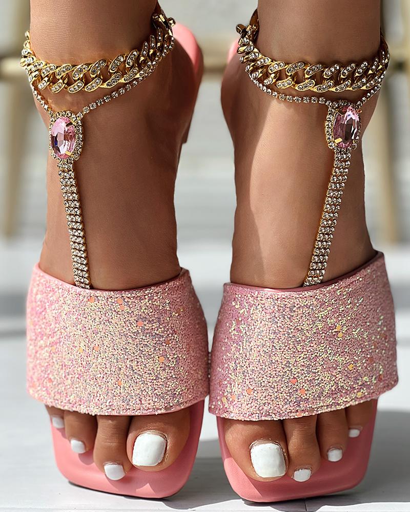 

Glitter Wide Strap Square Toe Slippers, Pink