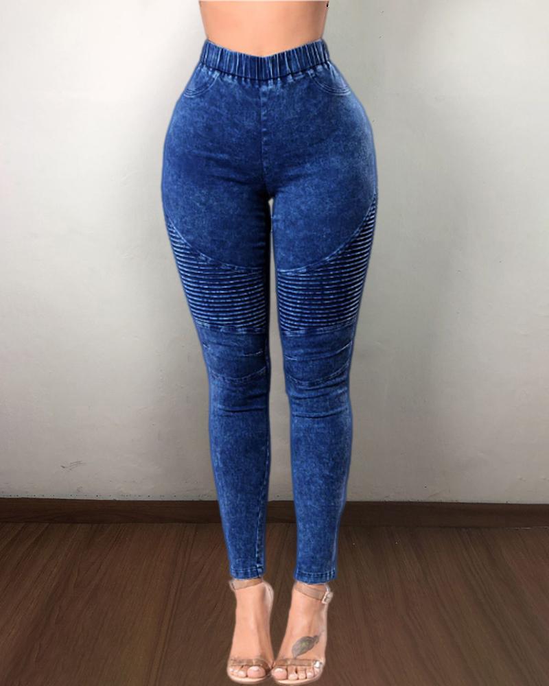

Elastic Waist Casual Denim Pants, Dark blue