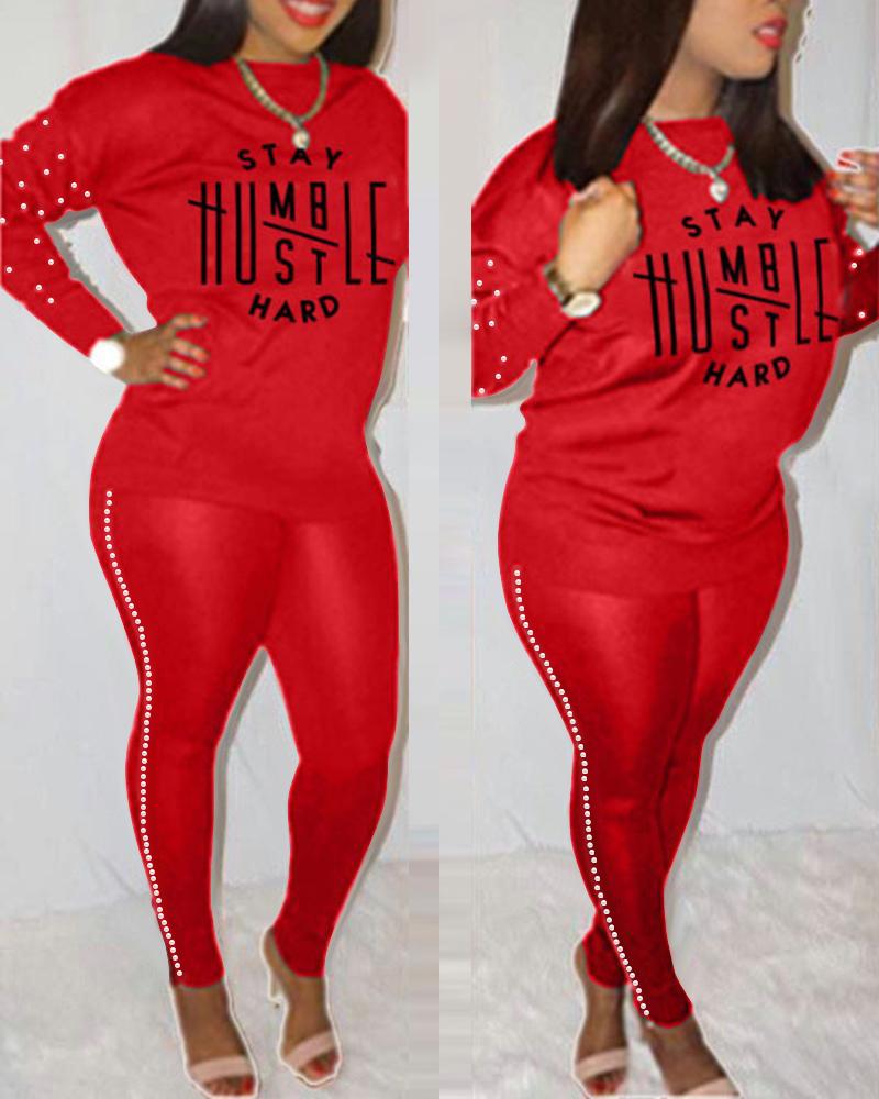 

Letter Print Beaded Decor Casual Top & Pants Set, Red