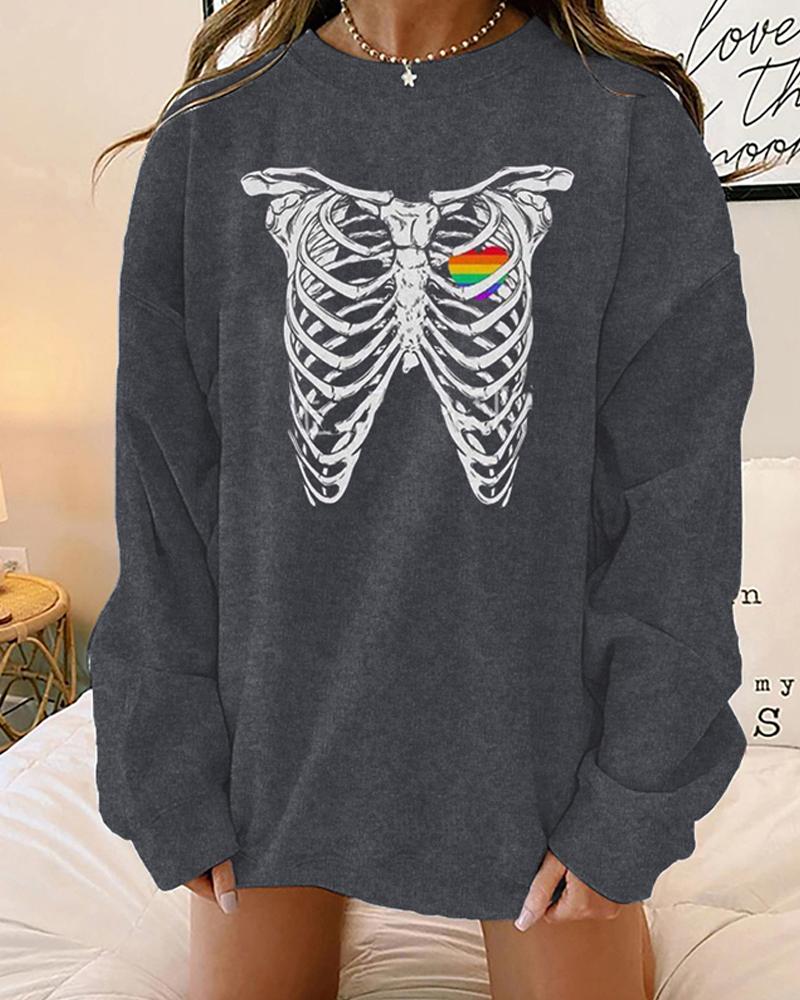

Plus Size Halloween Skeleton Print Long Sleeve Sweatshirt, Gray