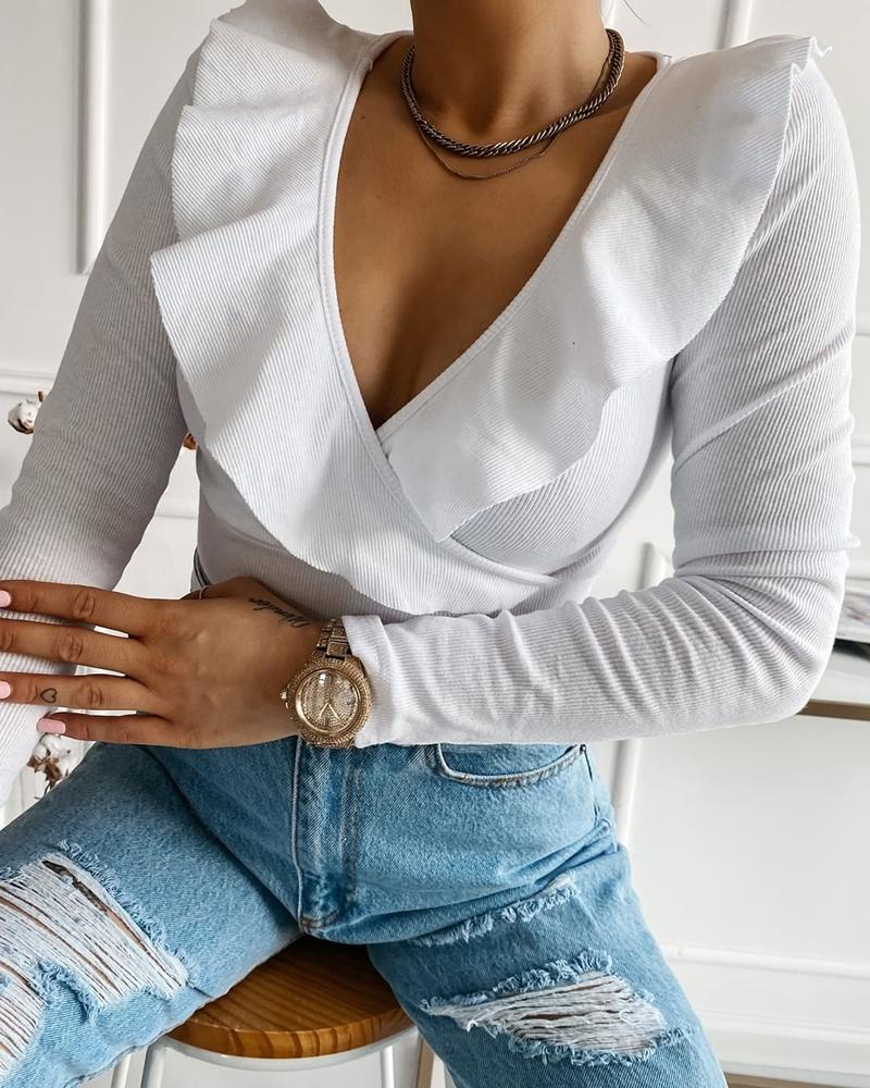 

Ruffle Hem Long Sleeve Top, White