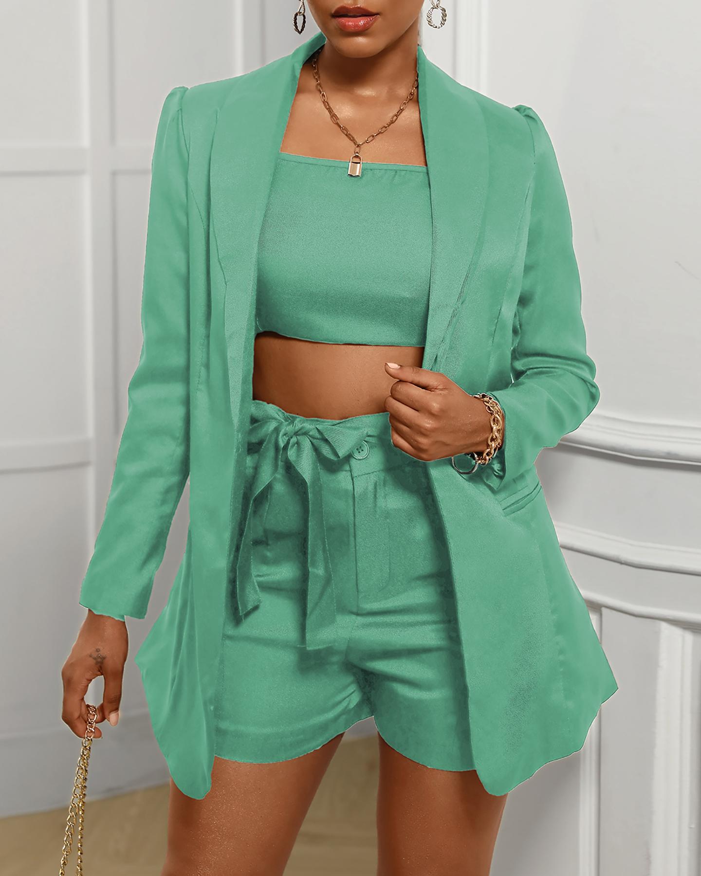 

Solid Top & Button Design Blazer Coat & Shorts Sets, Green