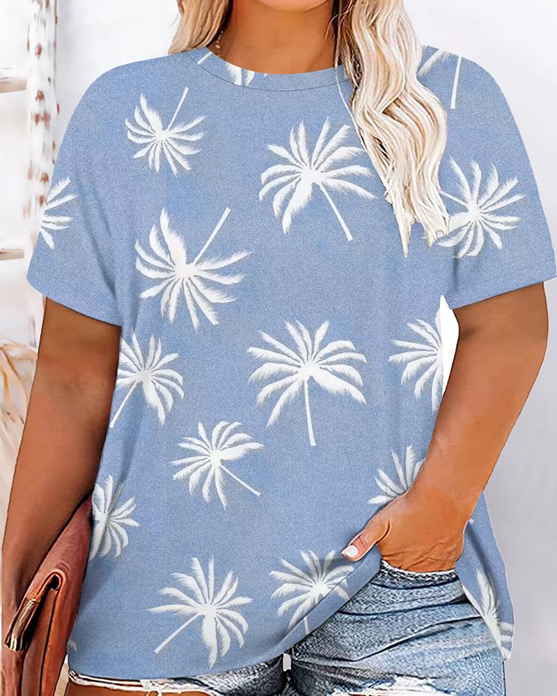 

Plus Size Coconut Tree Print Short Sleeve Casual T-shirt, Blue
