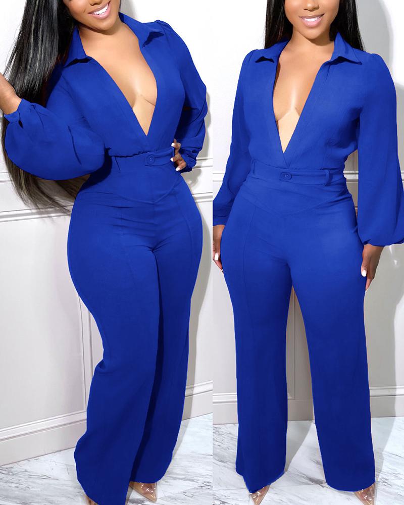 

Lantern Sleeve Plunge Wide Leg Jumpsuit, Blue