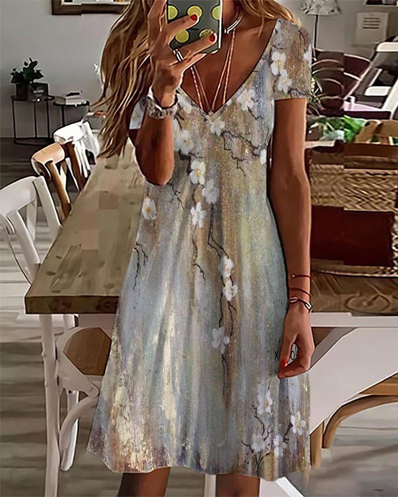 

Floral Print V-Neck Casual Dress, Khaki