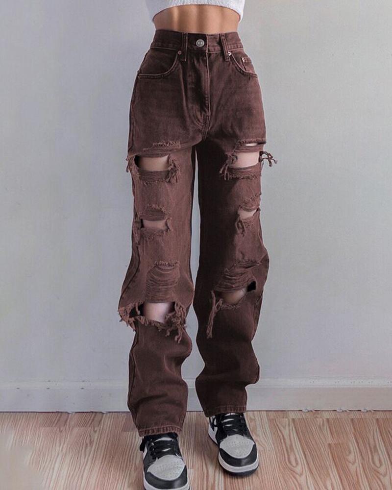 

Cutout Ripped High Waist Jeans, Brown