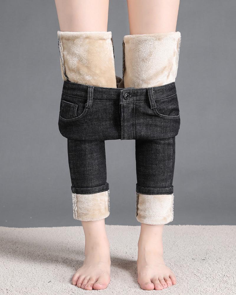 

High Waist Fleece Lined Jeans, Dark grey