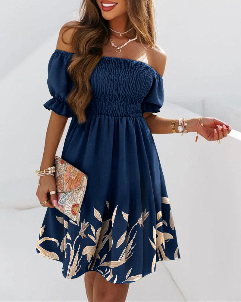 

Plants Print Off Shoulder Shirred Swing Dress, Purplish blue