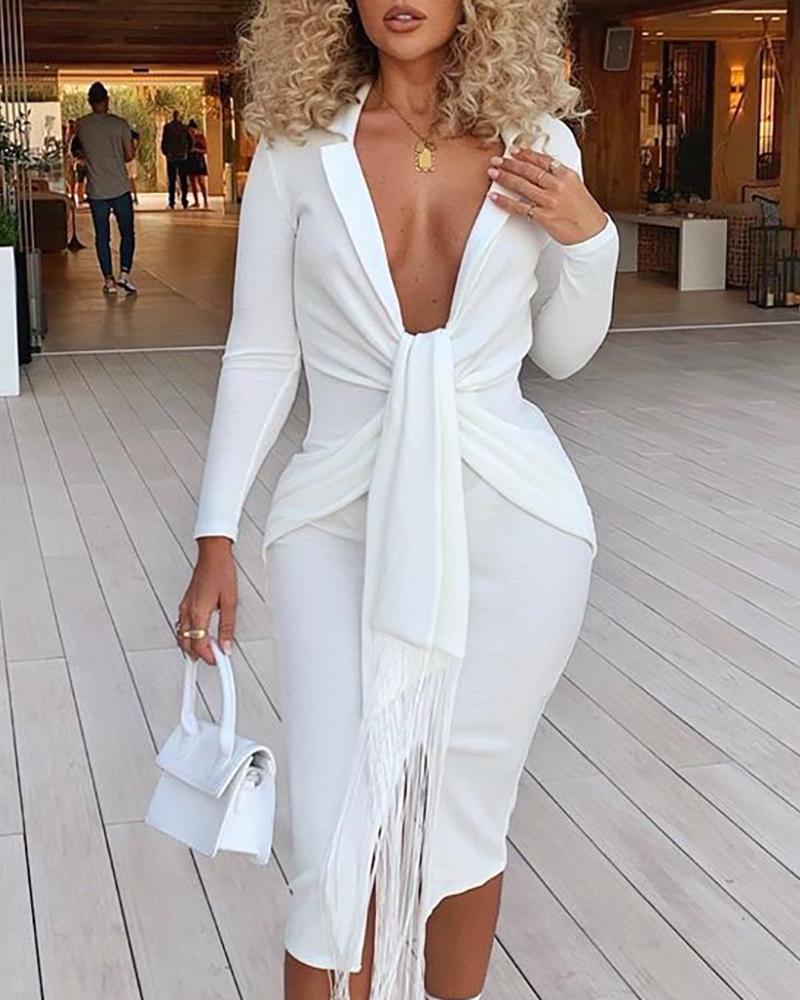 

Plunge Tassel Twisted Design Asymmetrical Dress, White