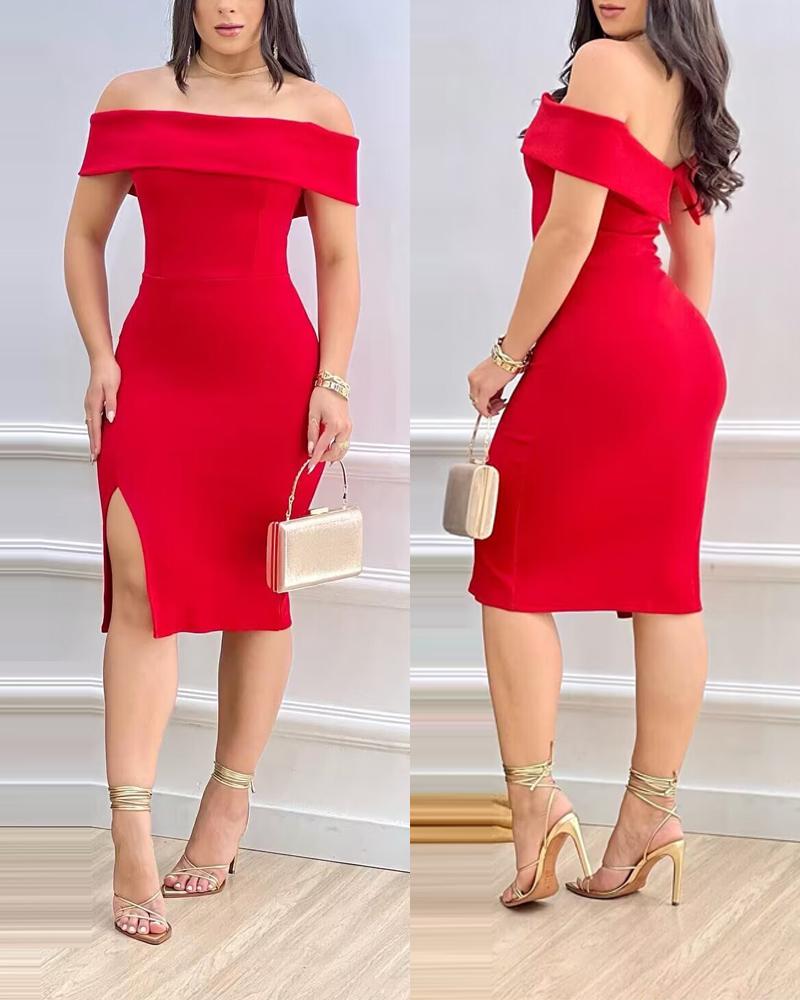 

Off Shoulder Split Hem Party Dress, Red
