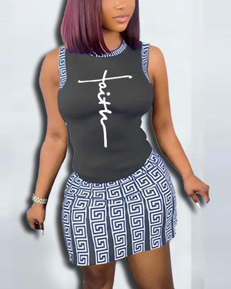 

Letter Geo Print Tank Top & Skirt Set, Gray