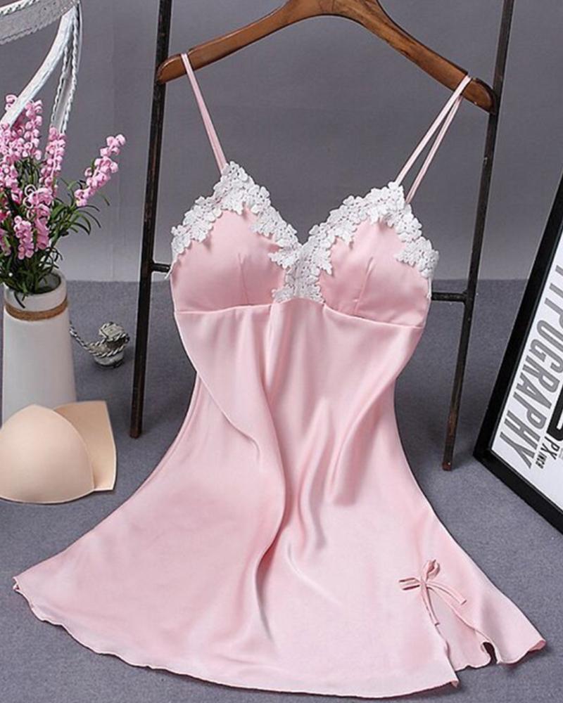 

Lace Trim Satin Cami Babydoll, Pink