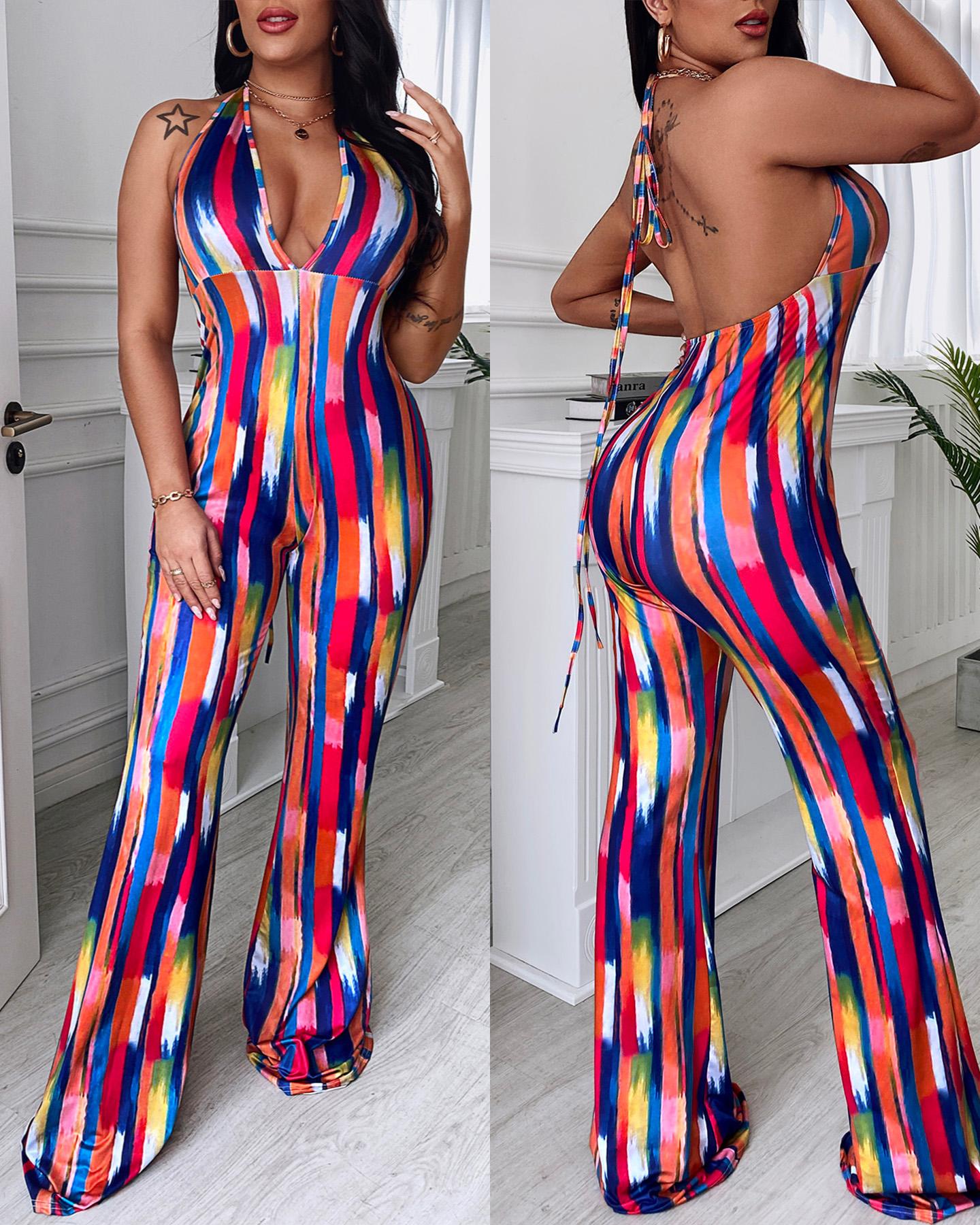 

Halter Colorblock Skinny Flared Jumpsuit, Multicolor