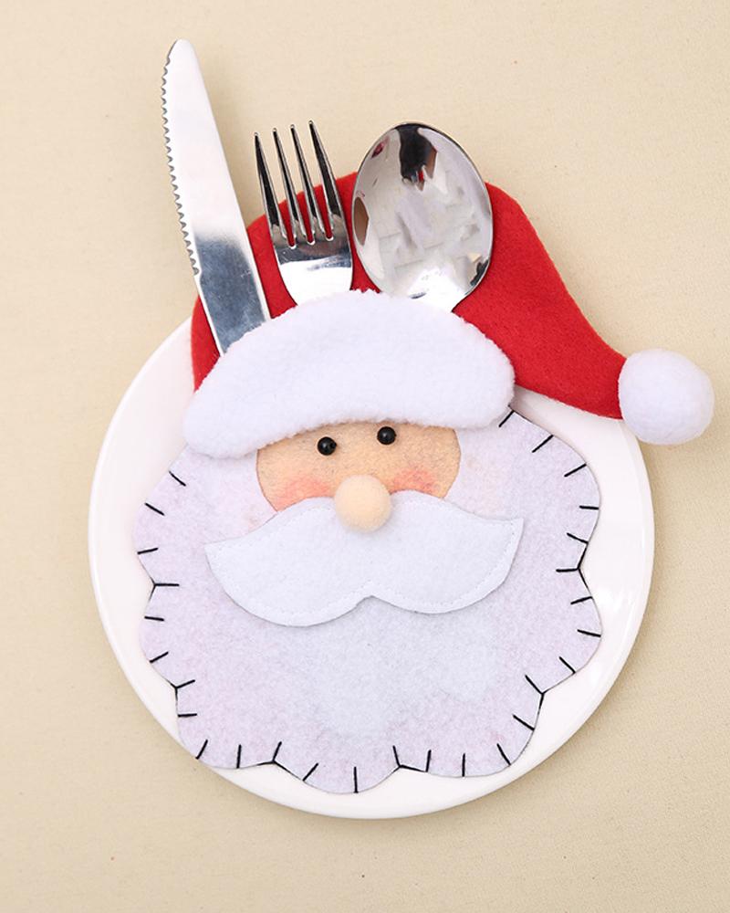 

1pc Christmas Santa Claus Silverware Holder Tableware Cutlery Fork Spoon Knives Storage Bag Dinner Table Decorations Party Supplies, White