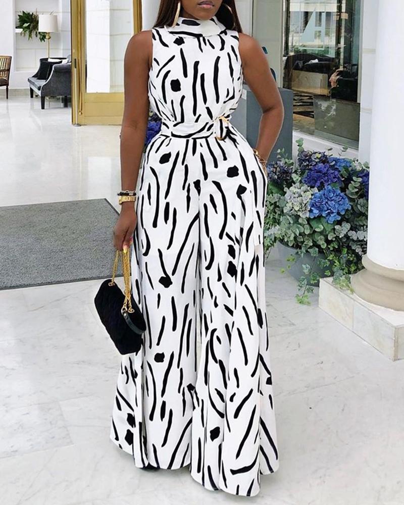 

Abstract Print Sleeveless Wide Leg Jumpsuit, Black