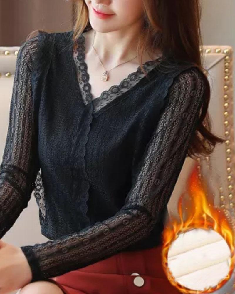 

Long Sleeve Fleece Lined Lace Top, Black