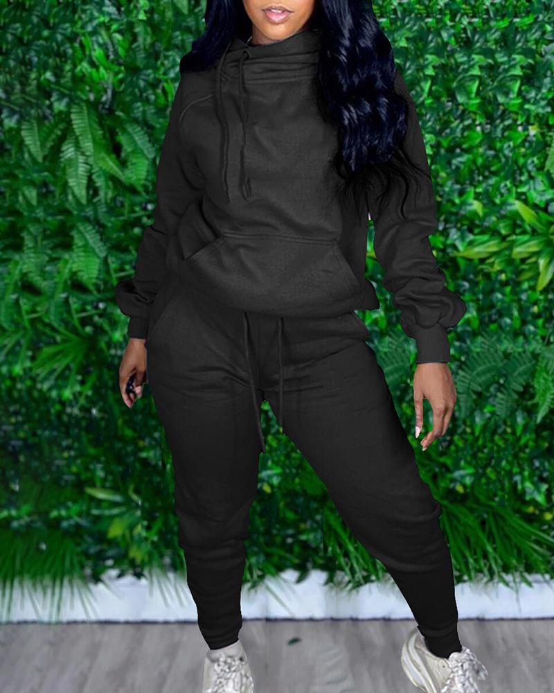 

High Neck Pocket Design Sweatshirt & Drawstring Pants Set, Black