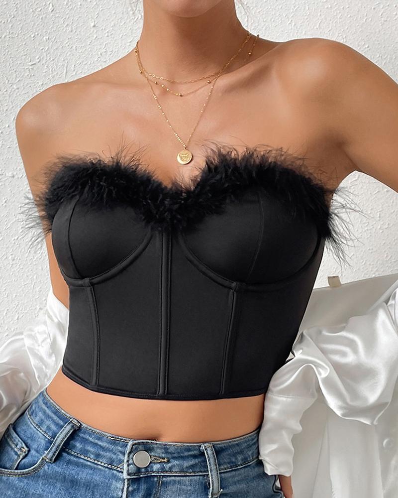 

Feather Decor Fishbone Corset Top, Black