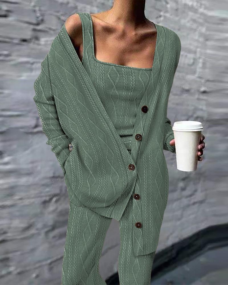 

Cable Textured Tank Top & Pants Set With Buttoned Cardigan, Green