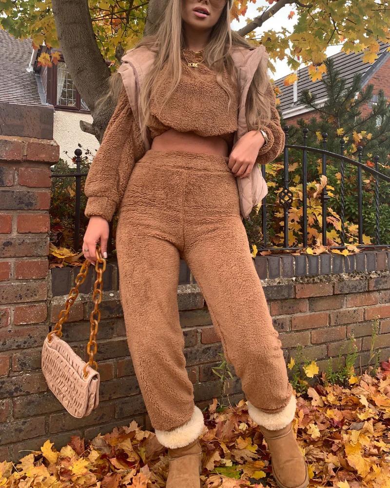 

Drawstring Long Sleeve Fleece Sweatshirt & Pants Set, Brown