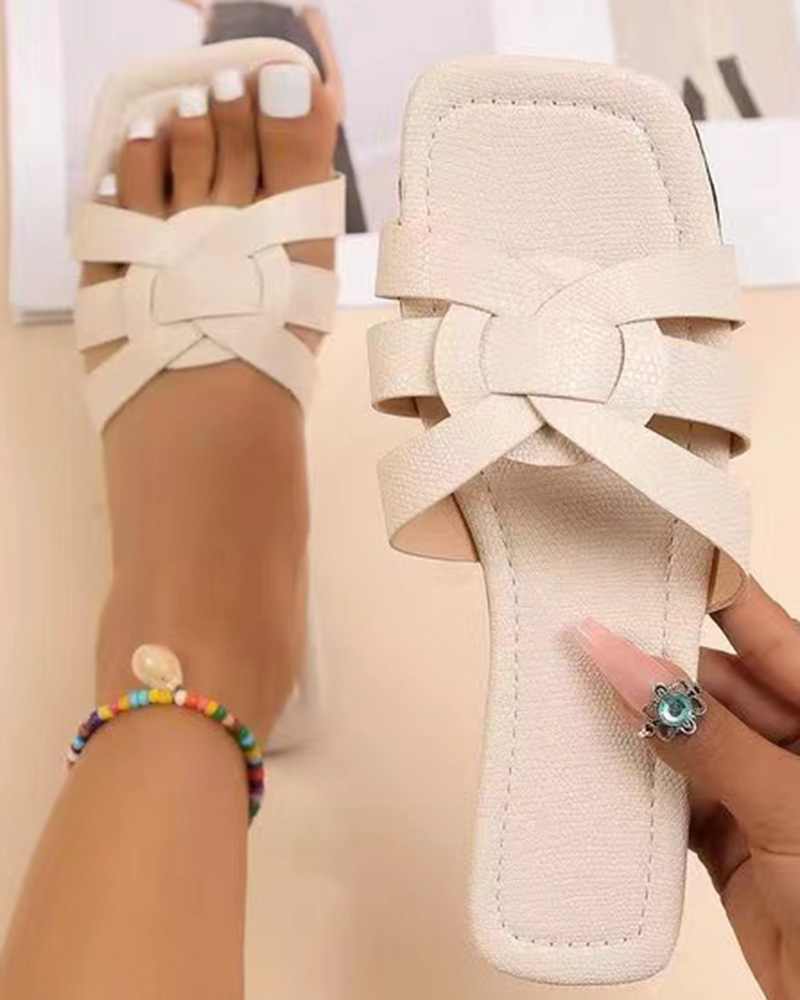 

Braided Strap Square Toe Beach Slippers, Beige
