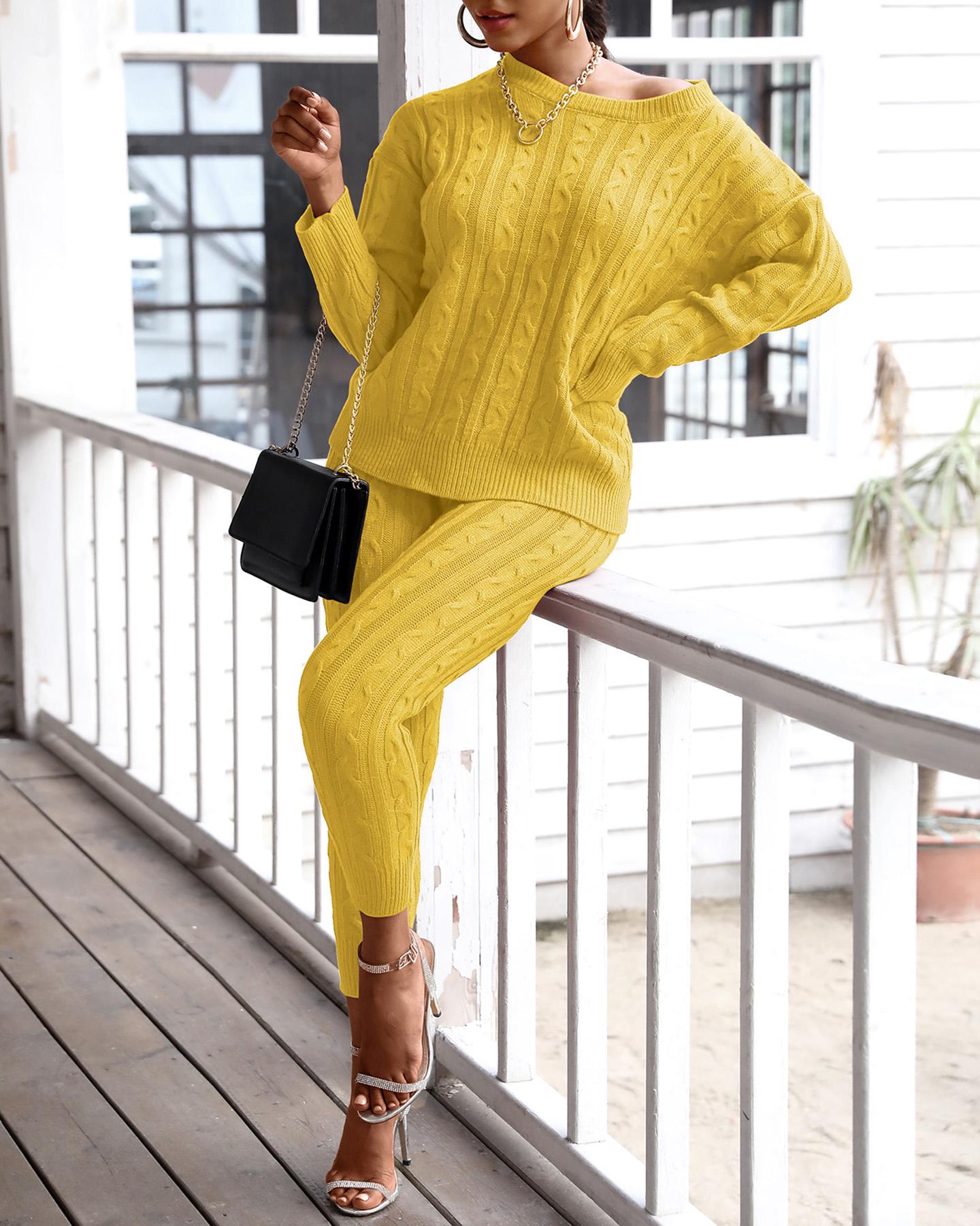 

Solid Ribbed Knitting Casual Sweater & Pants Sets, Yellow