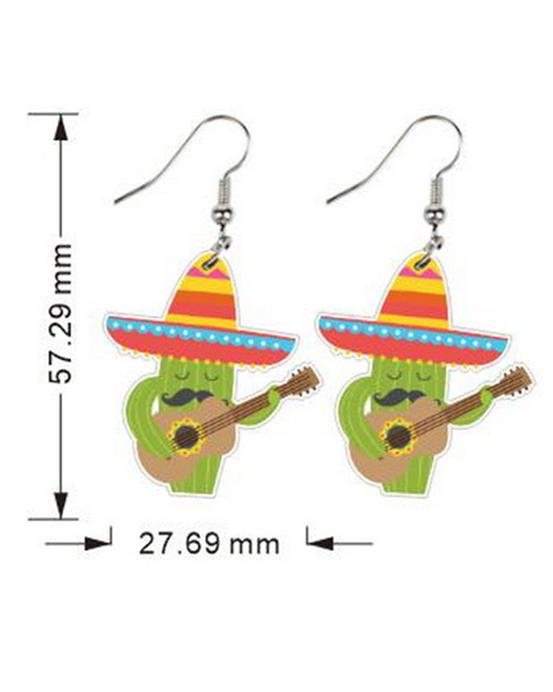 

1Pair Cinco De Mayo Mexico Cartoon Horse Hat Skull Wine Bottle Cactus Jalapeno Earrings, Style2