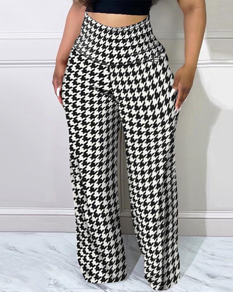 

Plus Size Houndstooth Print High Waist Pants, Blackwhite