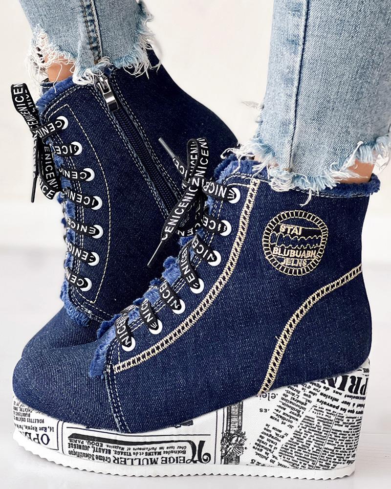 Newpaper Lace-up Raw Hem Wedge Denim Ankle Boots