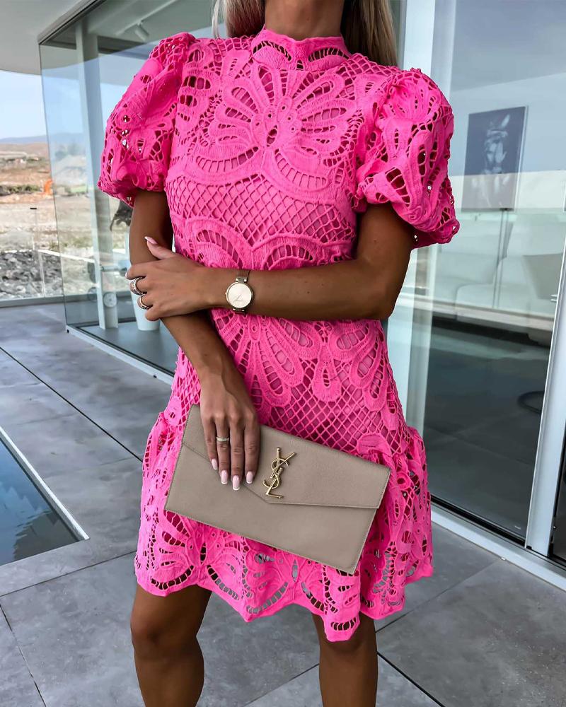 Puff Sleeve Mock Neck Lace Dress