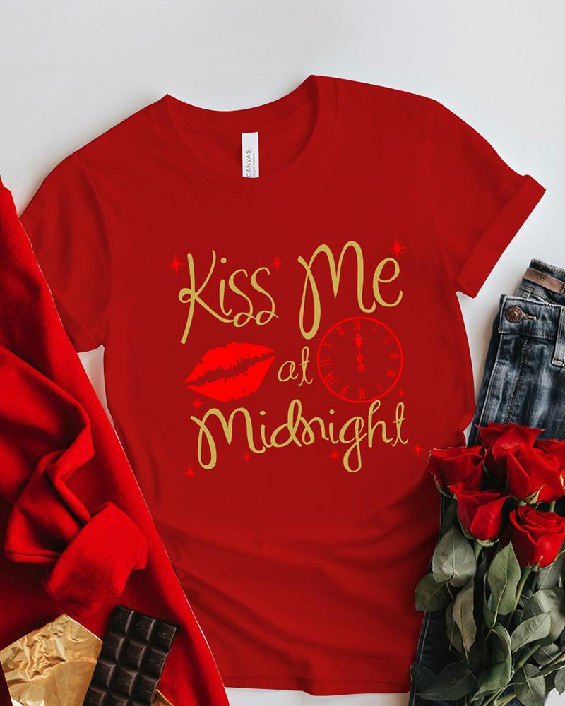 

Valentine' Day Lip Letter Print Short Sleeve Top, Red