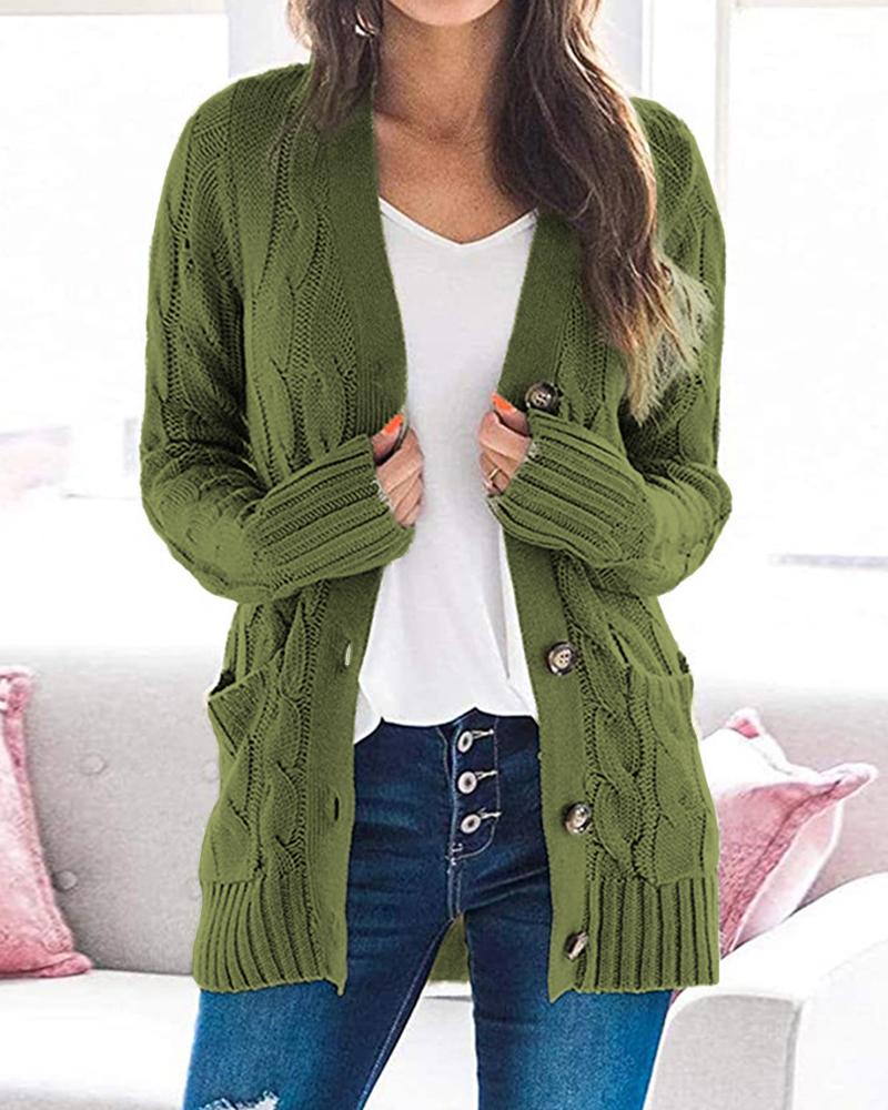 

Long Sleeve Button Front Cable Knit Cardigan, Green