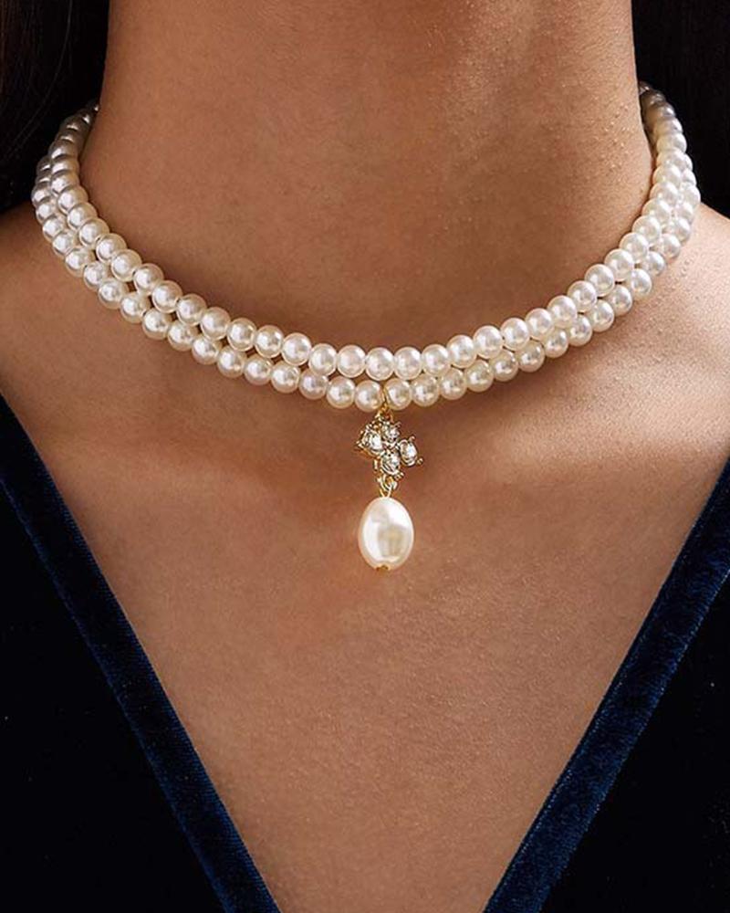 

1pcs Double Layered Pearls Beaded Rhinestone Pendant Necklace, Gold