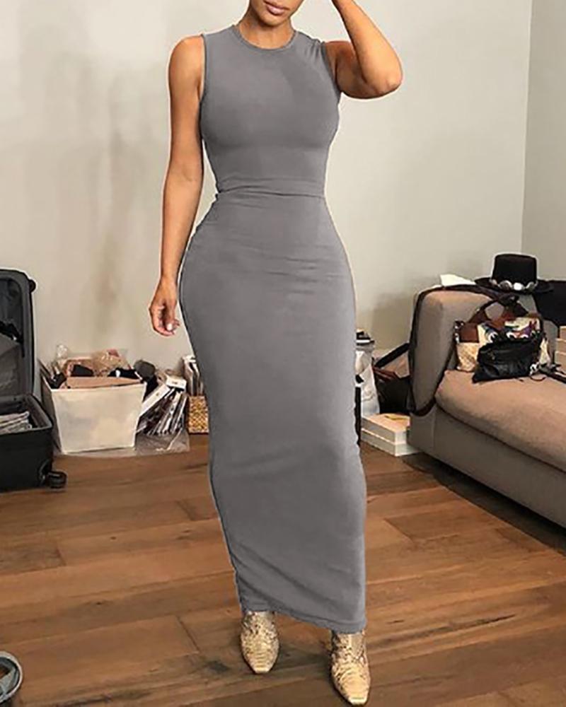 

Sleeveless O Neck Skinny Maxi Dress, Gray