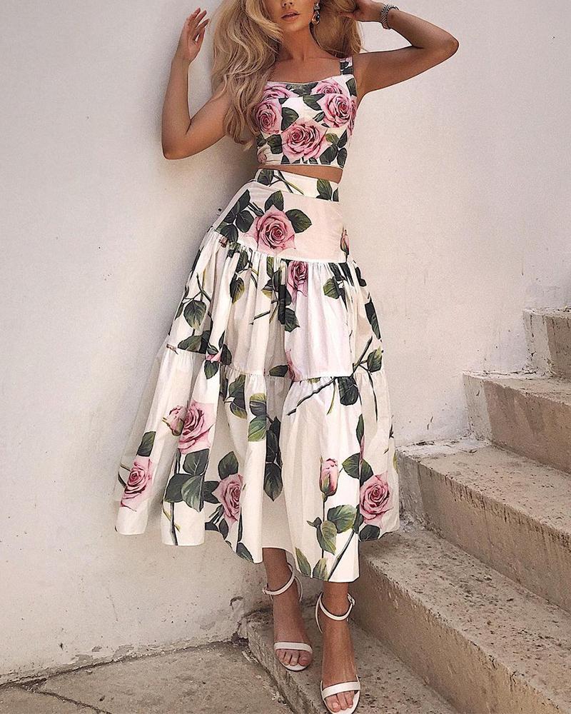 

Floral Print Crop Cami Top & Skirt Set, White