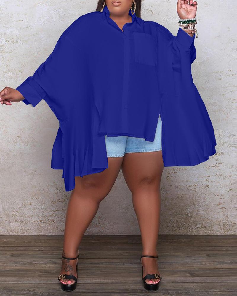 

Plus Size Long Sleeve Asymmetrical Button Down Shirt, Blue