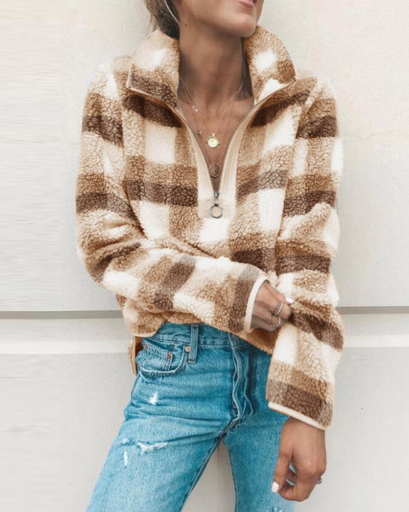 

Zipper Design Long Sleeve Fluffy Plaid Sweatshirt, Khaki