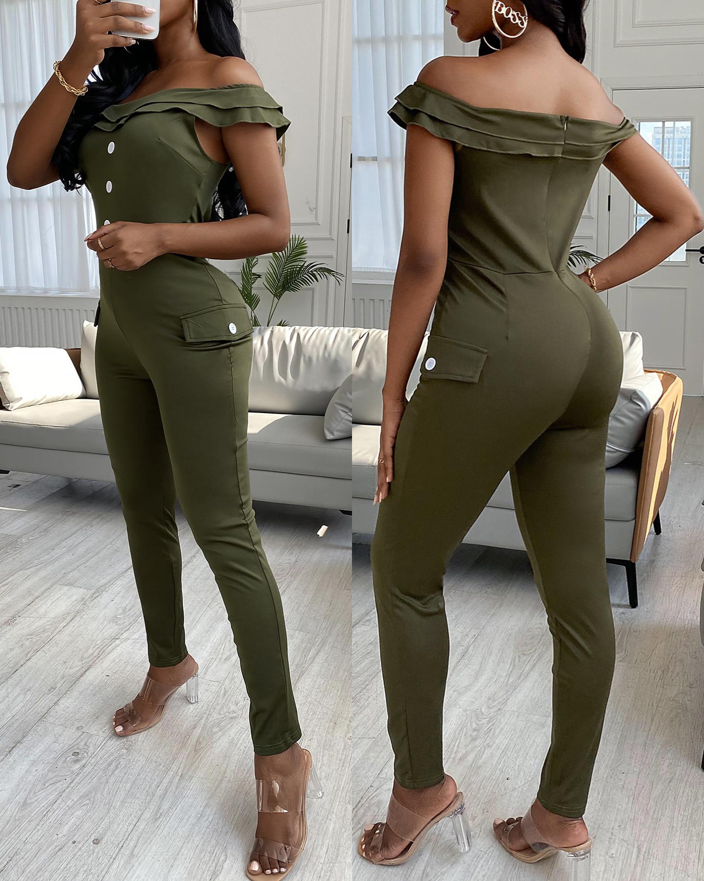 

Ruffles Hem Button Design Skinny Jumpsuit, Army green