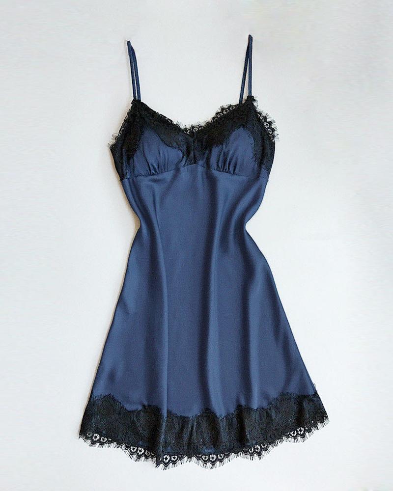 

Spaghetti Strap Contrast Lace Nightdress, Blue