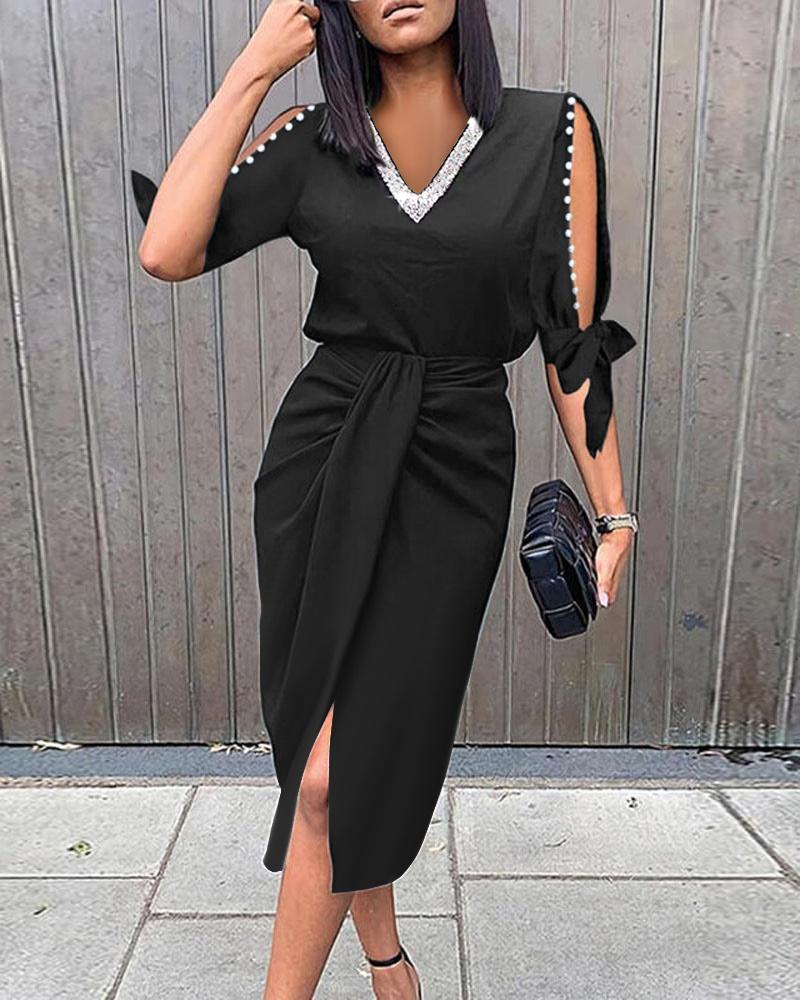 

Beaded Decor Split Sleeve Ruched Work Dress, Black