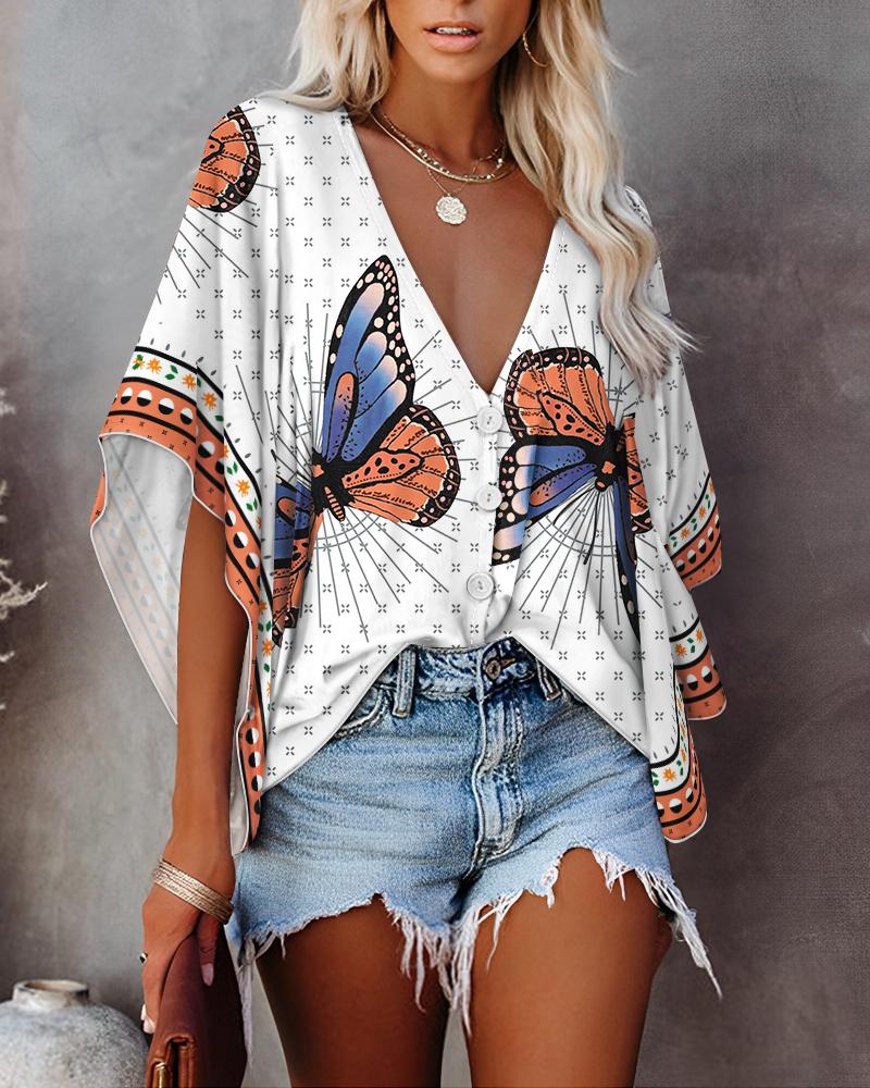 

Butterfly Geometric Print Button Front Batwing Sleeve Top, White