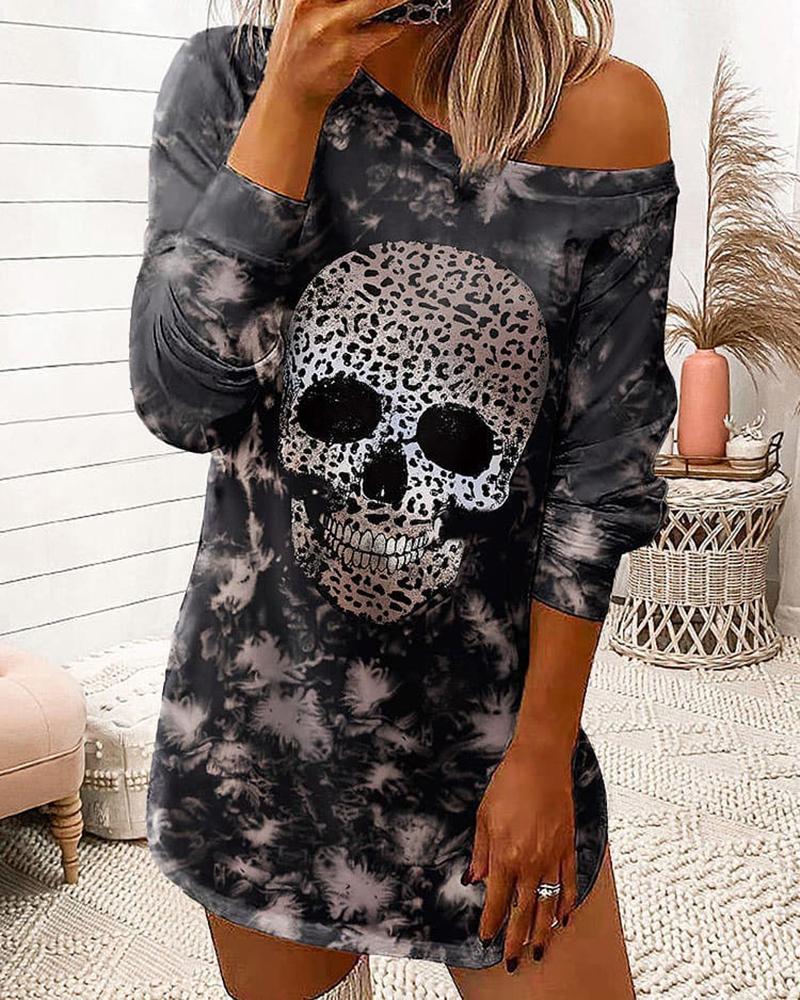 

Halloween Long Sleeve Cheetah Skull Tie Dye Print Sweatshirt Dress, Dark grey