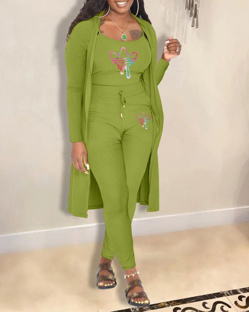 

3PCS Graphic Print Ribbed Cami Top & Pants Set With Coat, Green