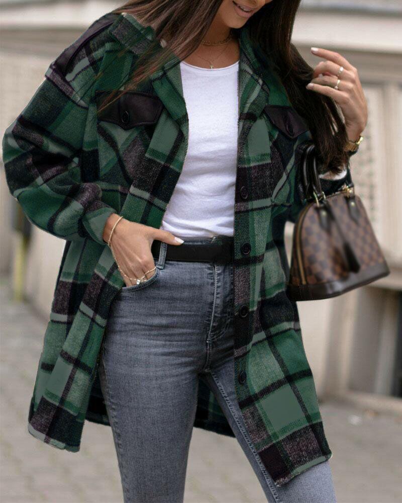 

Plaid Print Button Front Flap Detail Shacket, Green