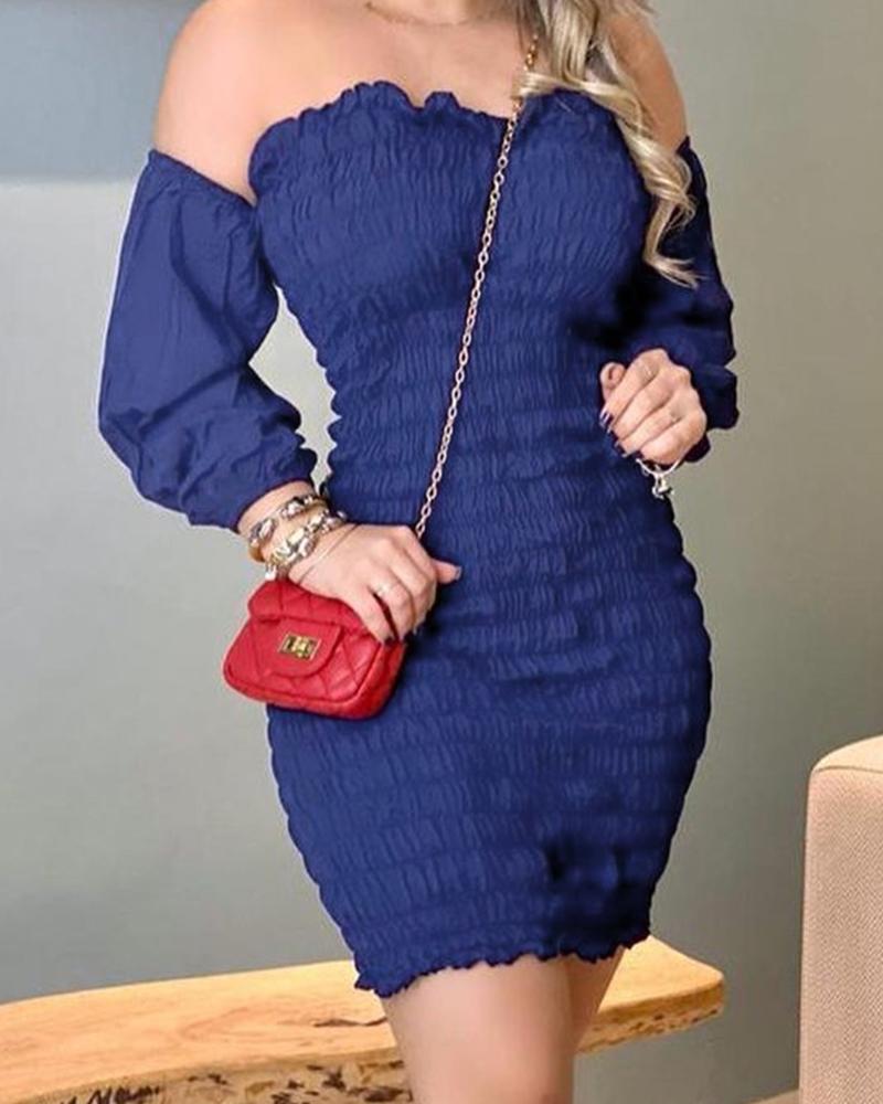 

Off Shoulder Shirring Detail Frill Hem Bodycon Dress, Purplish blue