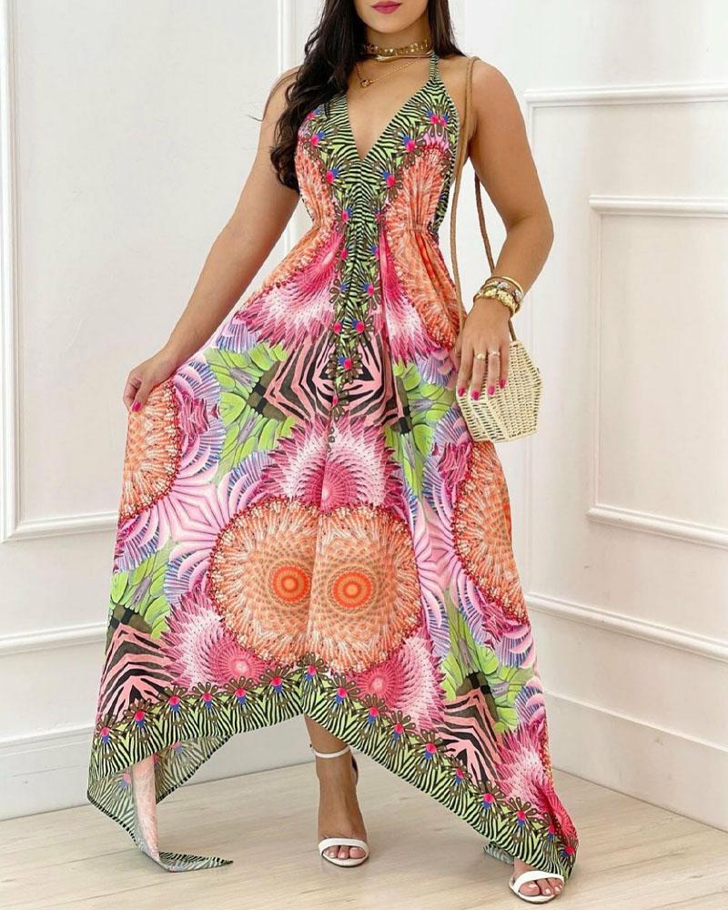 

Vintage Tribal Print Halter Asymmetrical Dress, Multicolor