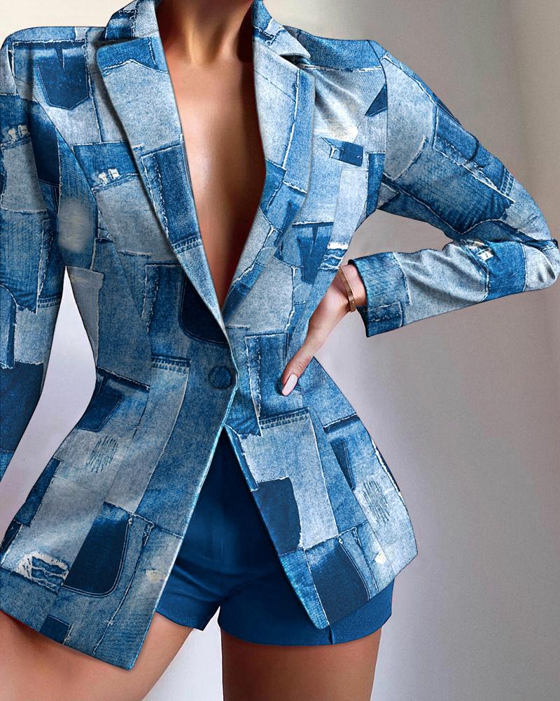 

Denim Look Print Long Sleeve Lapel Collar Blazer, Blue